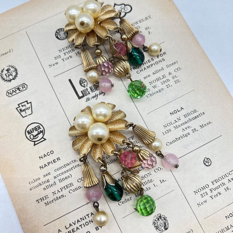 Napier 1950s Floral Faux Pearl and Crystal Drop Earring